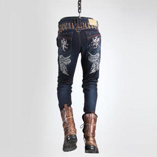 Wing Embroidery Washed Straight Jeans