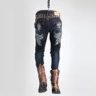 Wing Embroidery Washed Straight Jeans