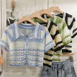 Striped Open-knit Crop Shirt