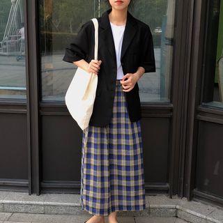 Short-sleeve Blazer / Maxi Plaid A-line Skirt