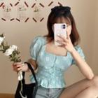 Puff-sleeve Floral Print Shirred Crop Top Light Blue - One Size