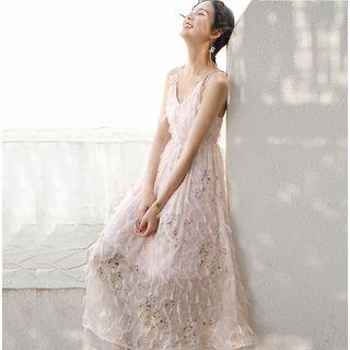 Strappy Floral Print Fringed Midi Chiffon Dress