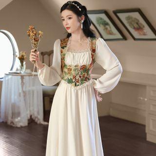 Puff-sleeve Floral Printed Lace Trim Midi A-line Dress