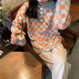 Long-sleeve Plaid Knitted Polo Shirt Green - One Size