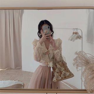 V-neck Lace Frill-trim Blouse / Mesh Panel Midi A-line Skirt
