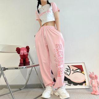 Short-sleeve Lettering Cropped T-shirt / Harem Pants / Set