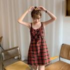 Sleeveless Front Knot Plaid A-line Mini Dress Red - One Size