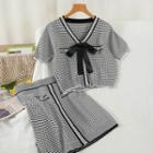 Set: Short-sleeve Striped Knit Top + Mini Skirt Set - Short-sleeve Top & Skirt - Black - One Size