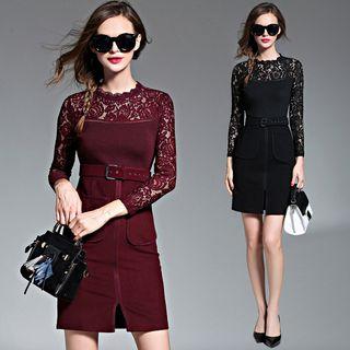 Floral Embroidered Long-sleeved Stand Collar Crewneck A-line Sheath Cutout Plain Panel Slim Lace Dress