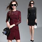 Floral Embroidered Long-sleeved Stand Collar Crewneck A-line Sheath Cutout Plain Panel Slim Lace Dress