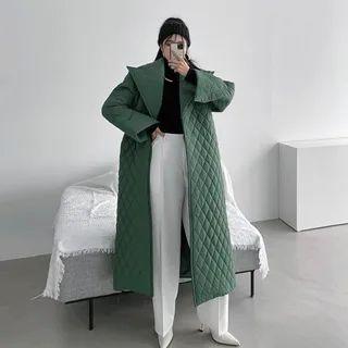 Lapelled Quilted Long Wrap Coat With Sash