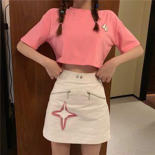 Short-sleeve Flower Print Crop T-shirt / A-line Skirt