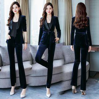 Set: Button Velvet Blazer + Velvet Boot-cut Pants