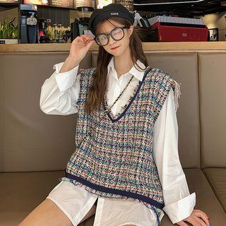 Tweed V-neck Oversize Tank Top / Plain Oversize Shirt