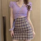 Drawstring Short-sleeve T-shirt / Plaid Mini Pencil Skirt