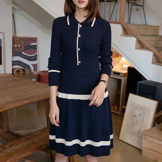 Faux-pearl Piped Midi Rib-knit Dress