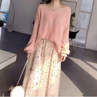 Set: Long Sleeve Knit Top + Midi Mesh Skirt