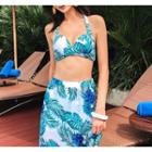 Set: Floral Print Halter Bikini + Crop Top + Midi Skirt