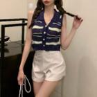 Collar Striped Button-up Knit Tank Top Blue - One Size