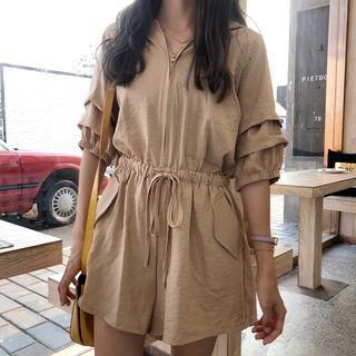 Elbow-sleeve Drawstring Waist Hooded Playsuit
