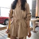 Elbow-sleeve Drawstring Waist Hooded Playsuit