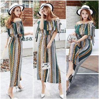 Off-shoulder Patterned Chiffon Jumpsuit