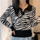 Long Sleeve Polo Neck Zebra Print Crop Top Black - One Size