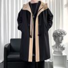 Mock Two-piece Two-tone Hooded Zip-up Long Coat