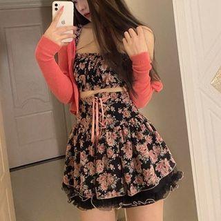 Set: Plain Cardigan + Flower Print Cropped Camisole Top + Mini A-line Skirt