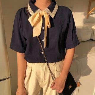 Short-sleeve Tie-neck Blouse Blue - One Size