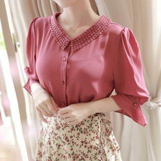 Crochet-collar Tie-back Draped-cuff Blouse