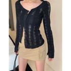 Long-sleeve Perforated Slim-fit Button-up Knit Top / Plain Mini Skirt