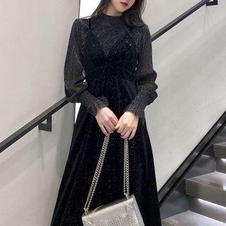 Set: Long-sleeve Mock-neck Top + Spaghetti Strap A-line Midi Dress