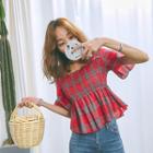 Square-neck Short-sleeve Smocked Plaid Top