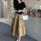 Short-sleeve Irregular T-shirt / Tiered Midi A-line Skirt
