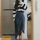 Collared Striped Sweater / Asymmetrical Pencil Skirt