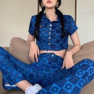 Short-sleeve Heart Button Flower Print Cropped Shirt / Flower Print Pants