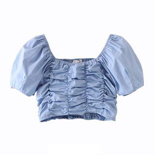 Square-neck Shirred Short-sleeve Blouse