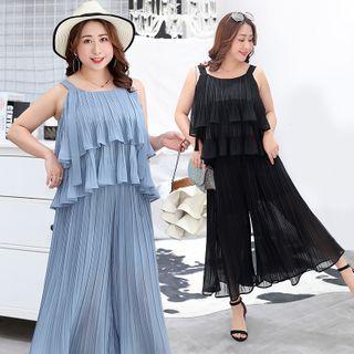 Set: Spaghetti Strap Pleated Chiffon Top + Wide-leg Pants