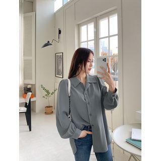 Plus Size Puff-sleeve Open-placket Blouse