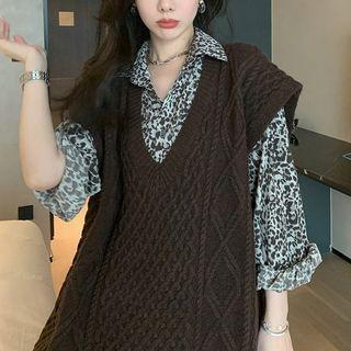 Leopard Pattern Shirt / Cable Knit Vest