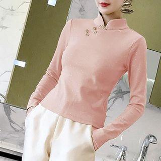 Mock-neck Frog Buttoned Knit Top