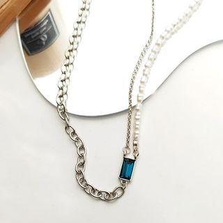 Faux Pearl Rhinestone Layered Chain Necklace Silver - One Size