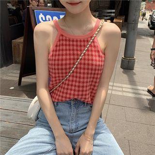 Check Pattern Halter Tank Top Red - One Size