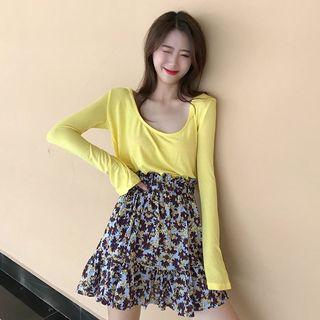 Backless Cardigan+floral High-waist Skirt