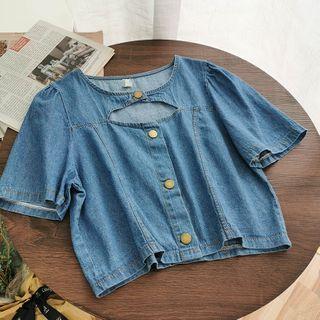 Cutout Denim Blouse Blue - One Size