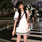 Set: Short-sleeve Striped Trim Wide Collar Shirt + A-line Mini Pleated Skirt Set - Shirt - White - One Size / Pleated Skirt - White - One Size
