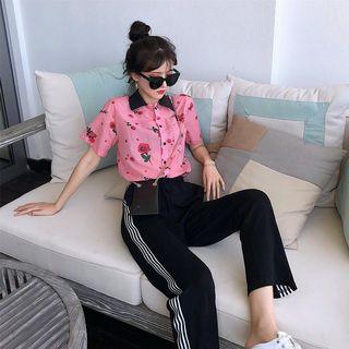 Floral Print Short-sleeve Shirt / Striped Wide Leg Pants