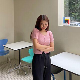 Puff-sleeve Ribbed Cropped Cardigan