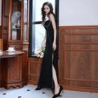 Spaghetti Strap Embellished Slit Maxi A-line Gown